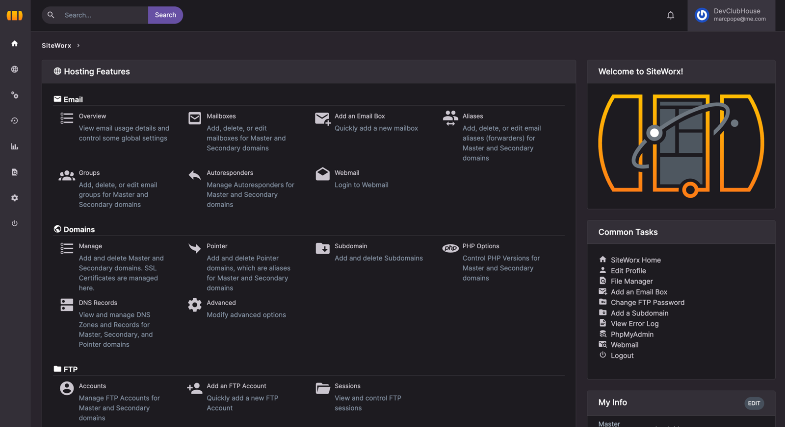 InterWorx SiteWorx control panel — email, domains, DNS, PHP, and FTP management